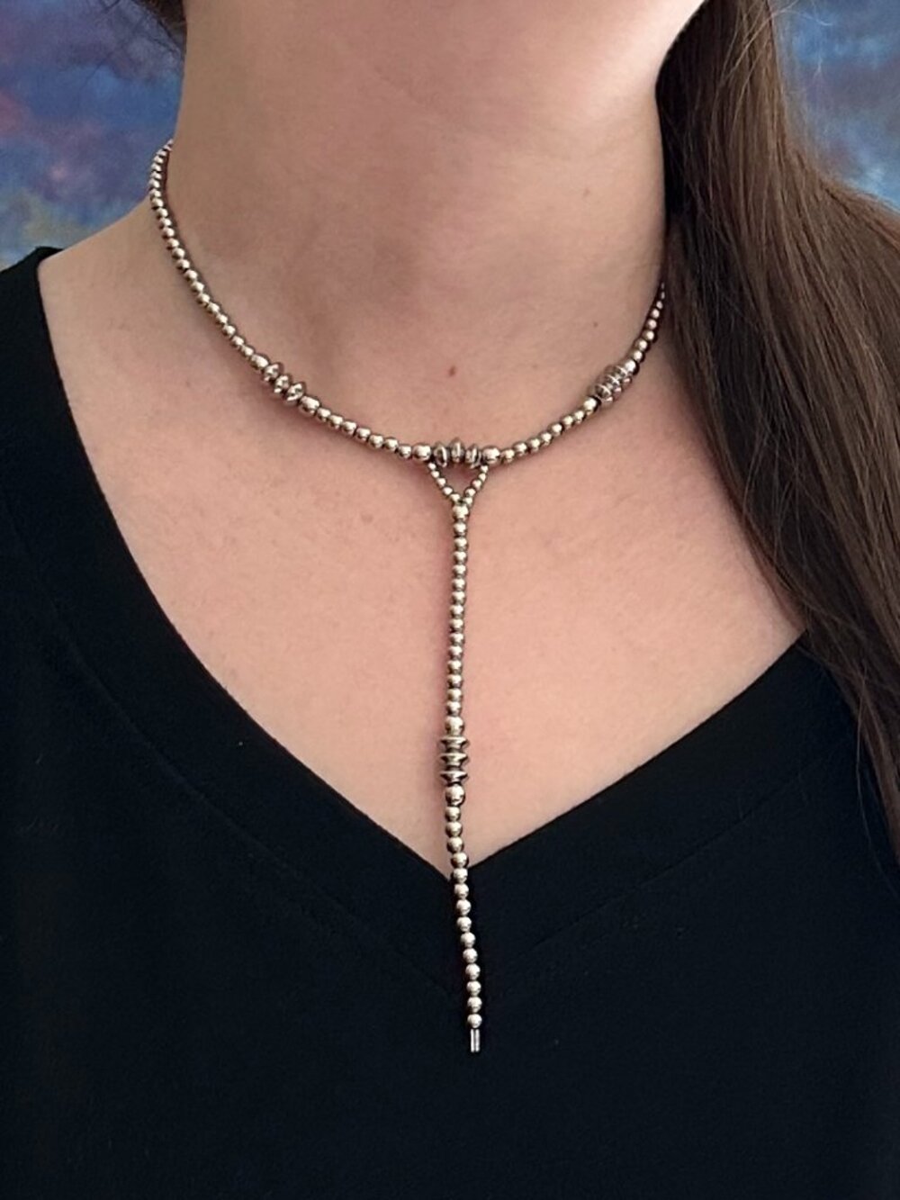 Handmade Triple Saucer Stainless Steel Western Pearl Lariat Choker Necklace 14"